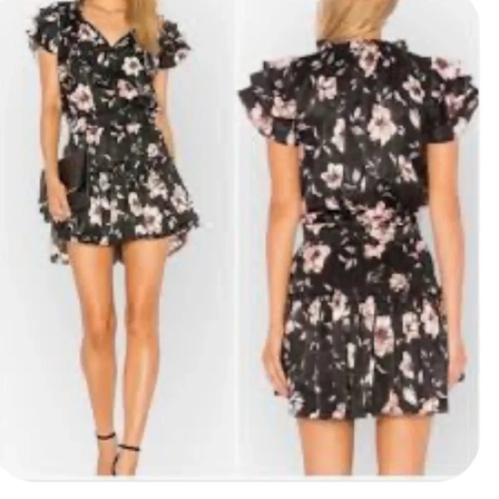 Misa Los Angeles Cecelia Black Floral Mini Dress Small Ruched V-neck Feminine